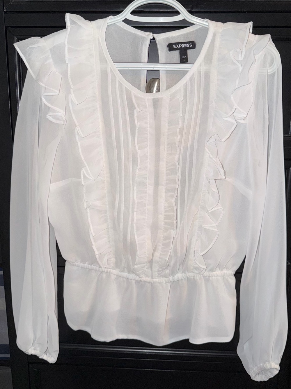 Express White Ruffle-Front Long Sleeve Blouse